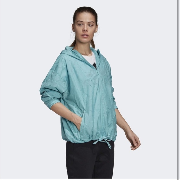 ADIDAS W.N.D. TURQUOISE BLUE WINDBREAKER WITH HOOD ZIPPER POCKETS SIZE MEDIUM - Picture 4 of 6